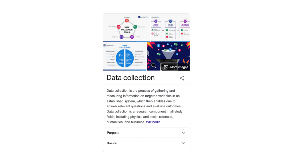 Google featured snippet for the data collection entity