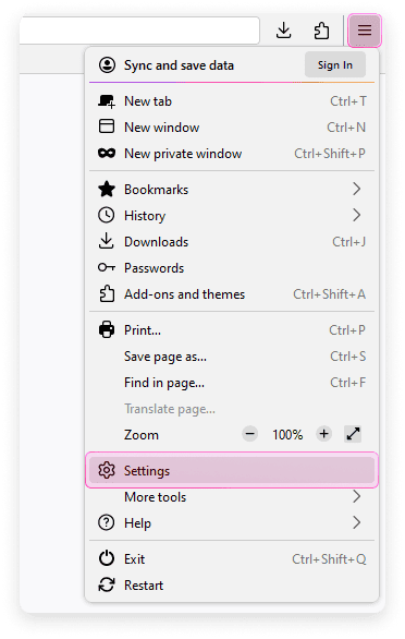 Waterfox settings button