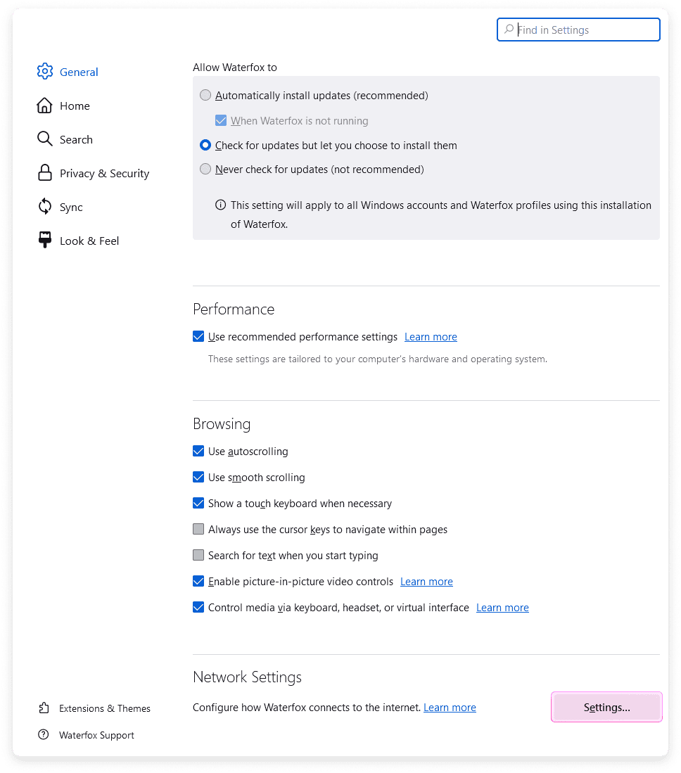 Waterfox settings