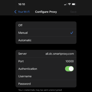 datacenter proxy configuration for iPhone