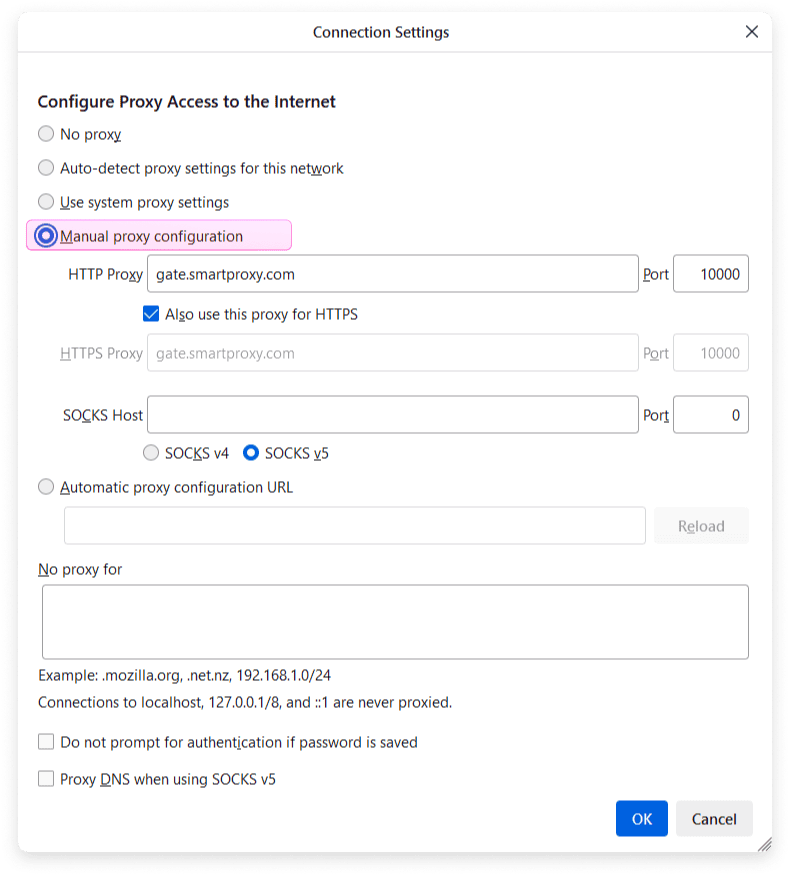 Manual proxy configuration - Waterfox