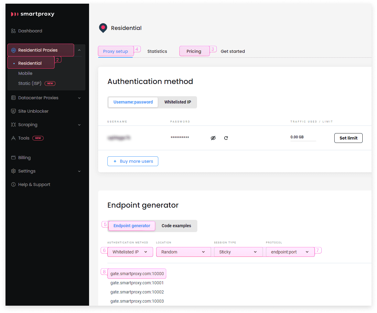 Residential proxies interface