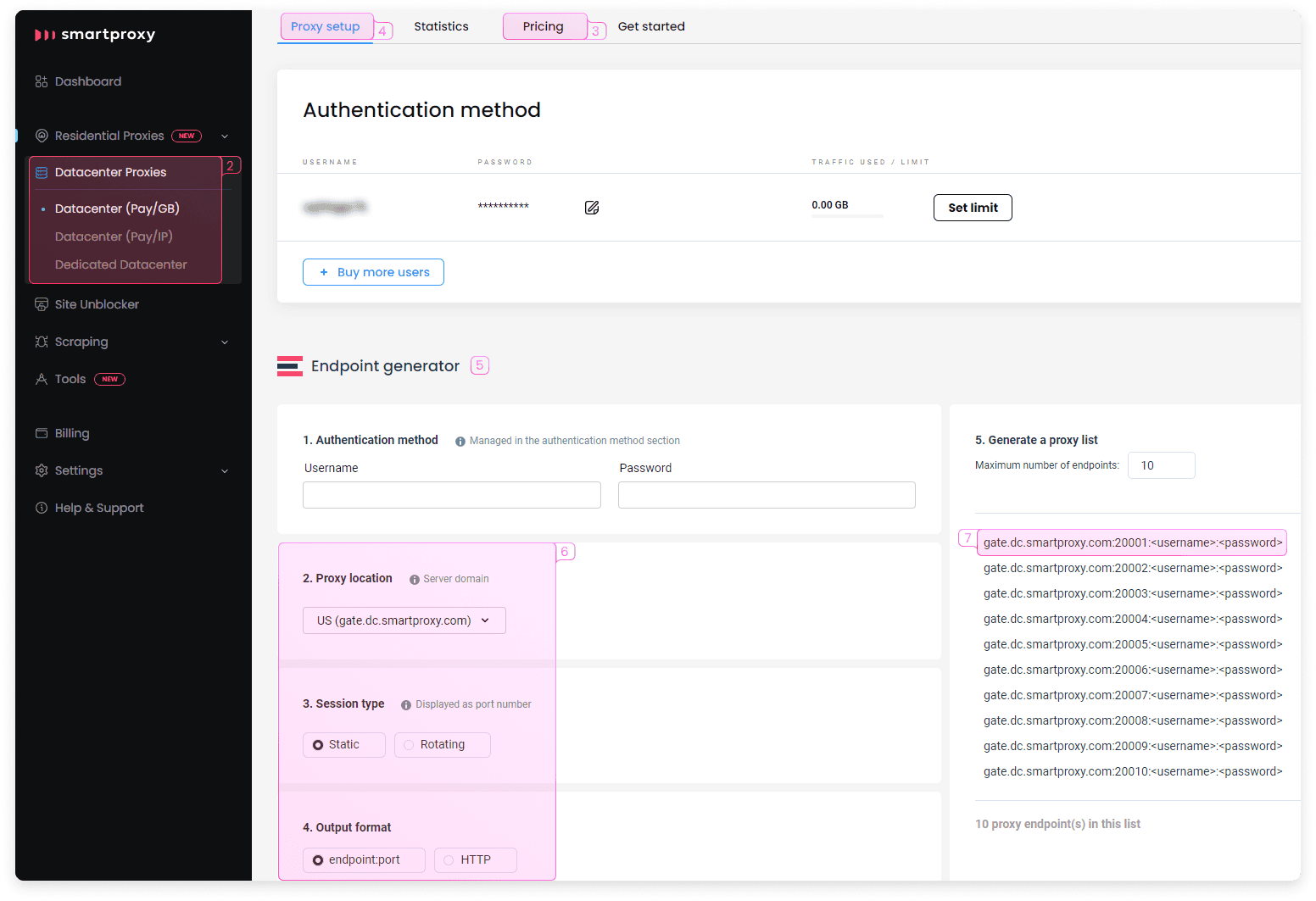 Datacenter proxies interface