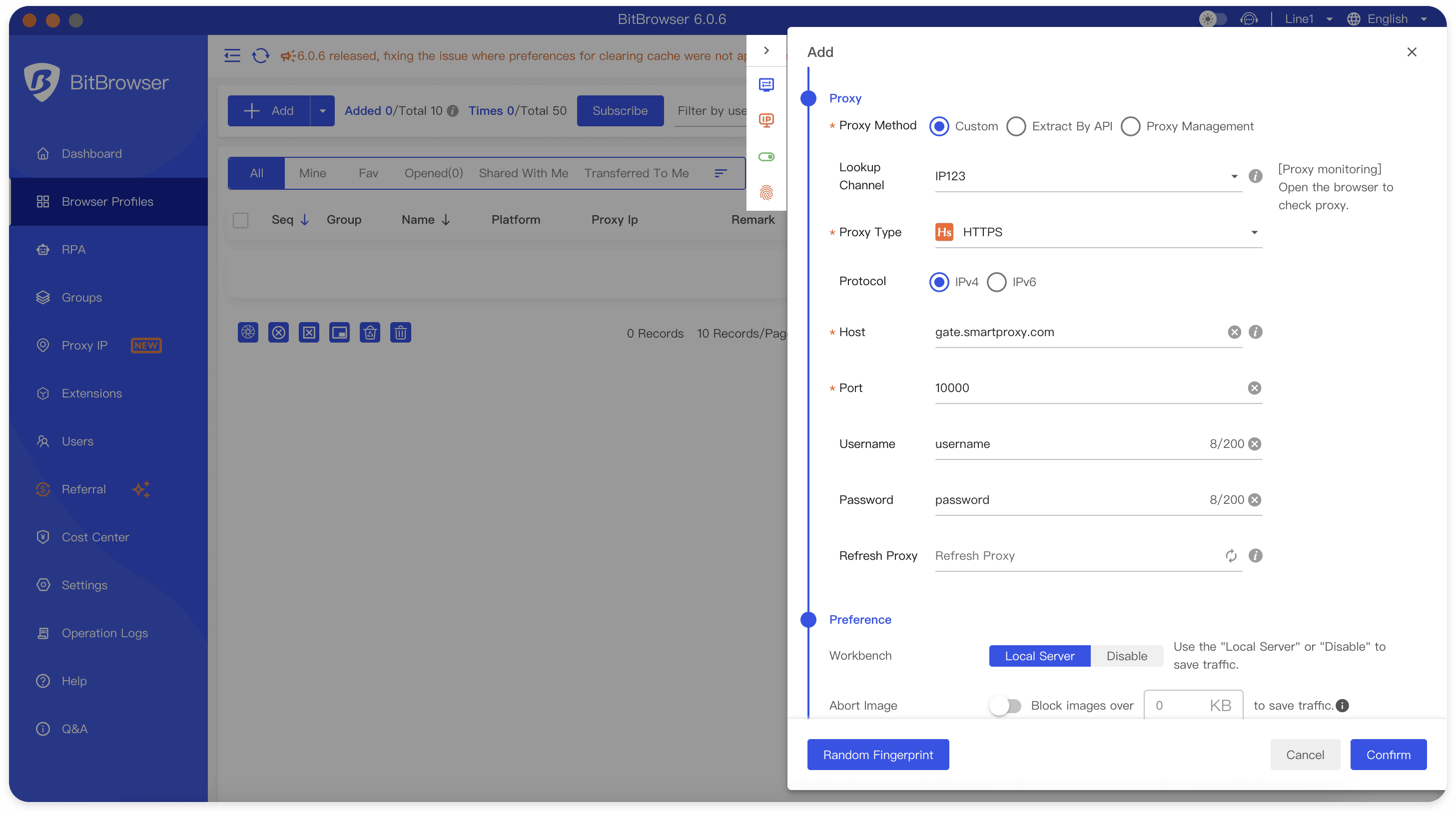 Fill in the residential proxy information from the Smartproxy dashboard – Proxy Type, Host, and Port.
