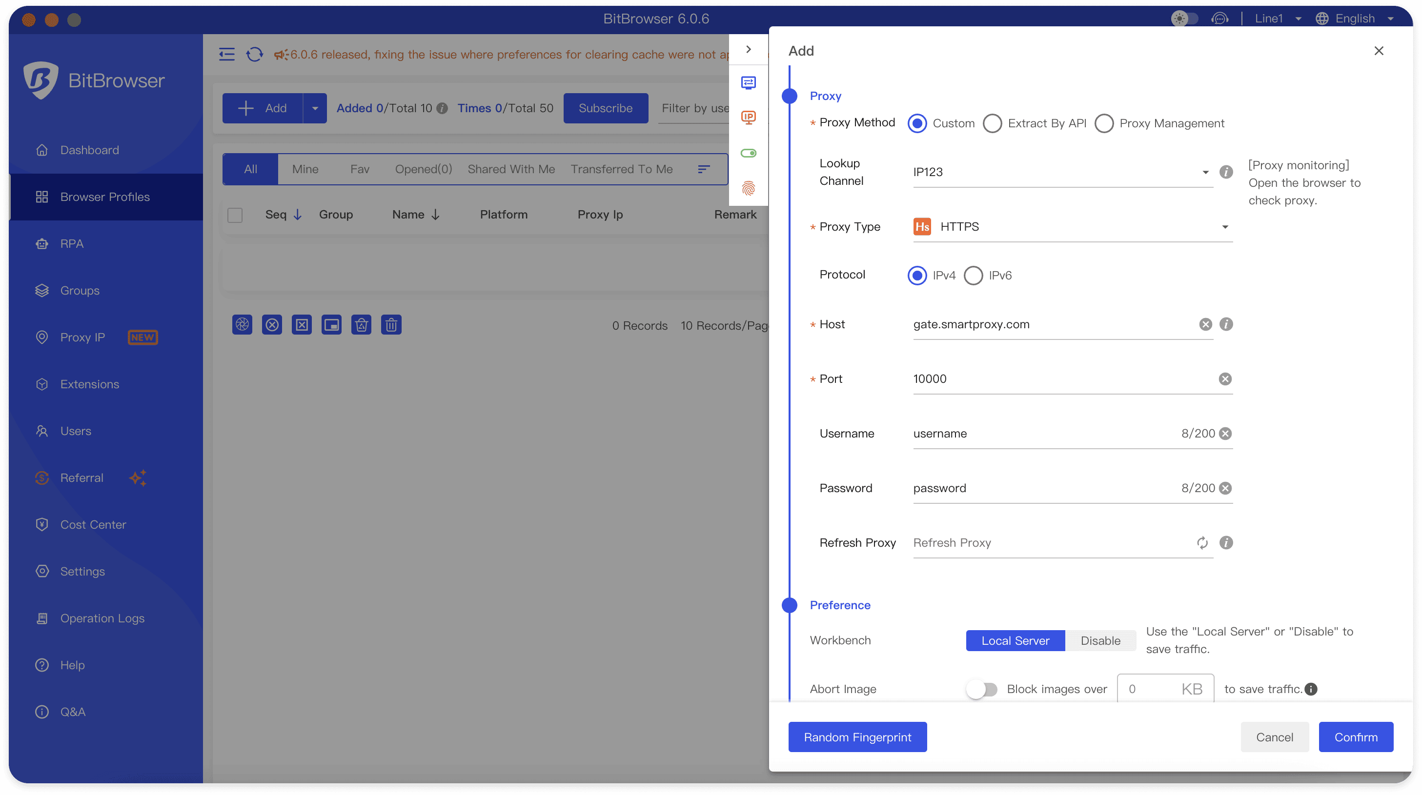 Fill in the residential proxy information from the Smartproxy dashboard – Proxy Type, Host, and Port. 