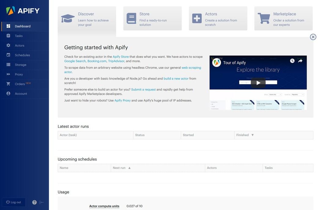 Apify dashcboard