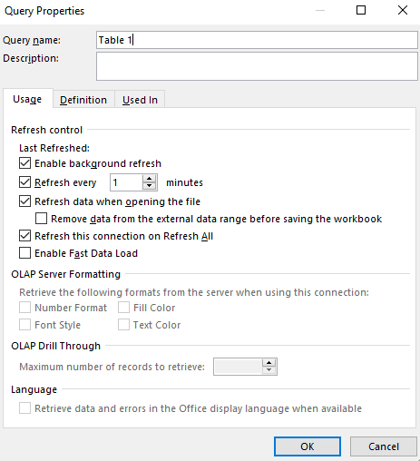 Amazon price scraping Excel query properties