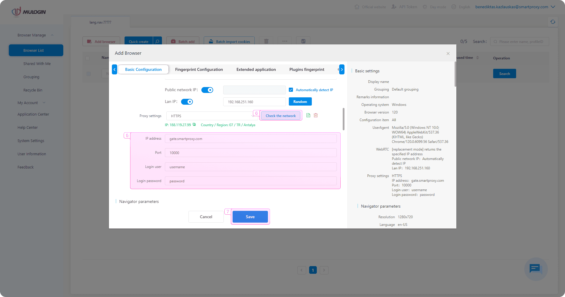 Fill in the IP address port username and password