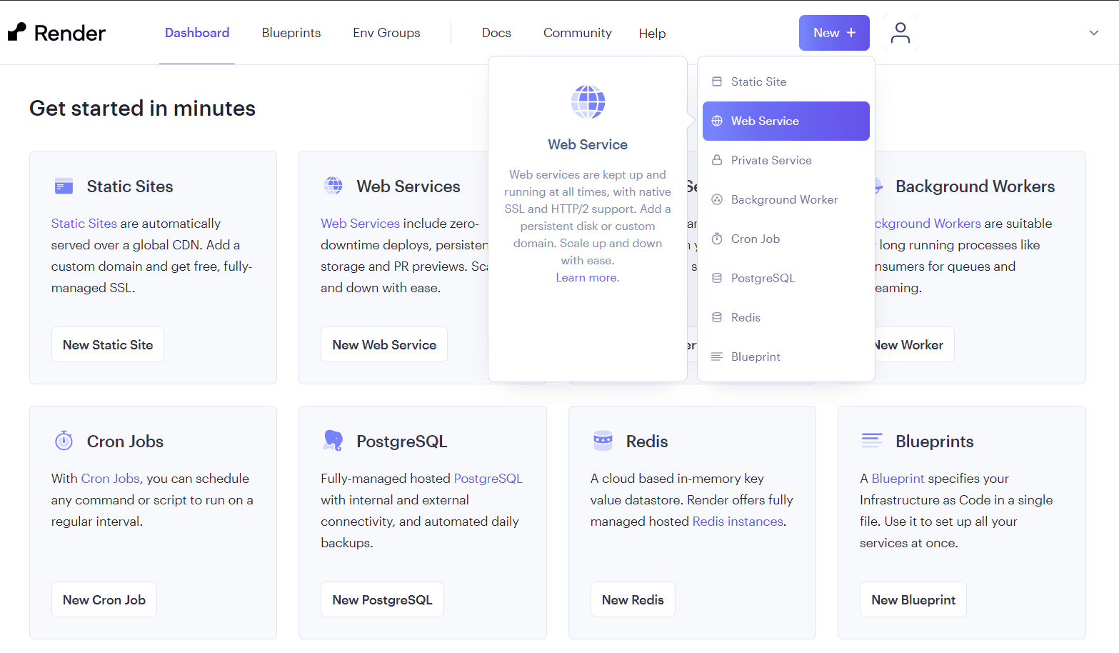 Render select web service dropdown